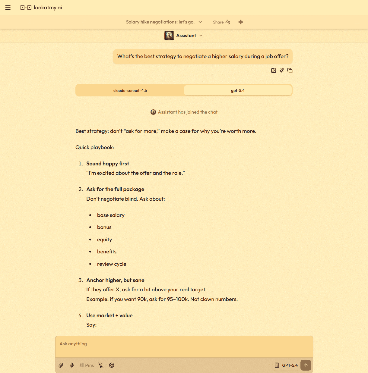 Inline model comparison showing different model responses as tabs