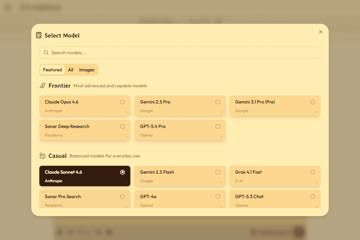 Model selector showing all available AI models on lookatmy.ai