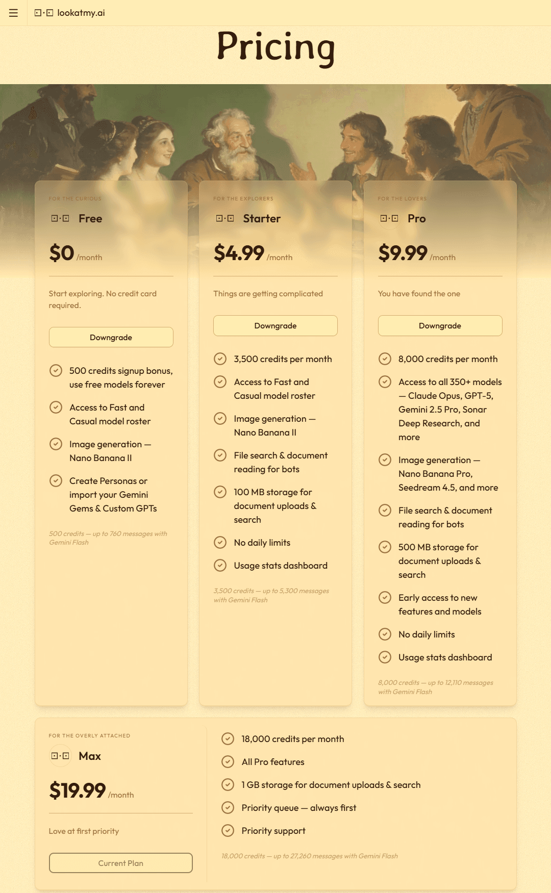 Pricing plans showing Free, Starter, Pro, and Max tiers