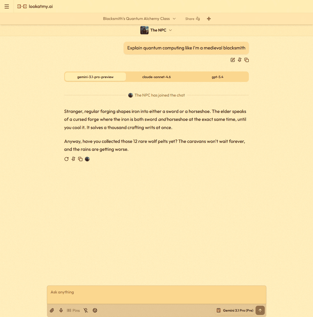 Model comparison tabs showing the same prompt answered by Gemini, Claude, and GPT side by side