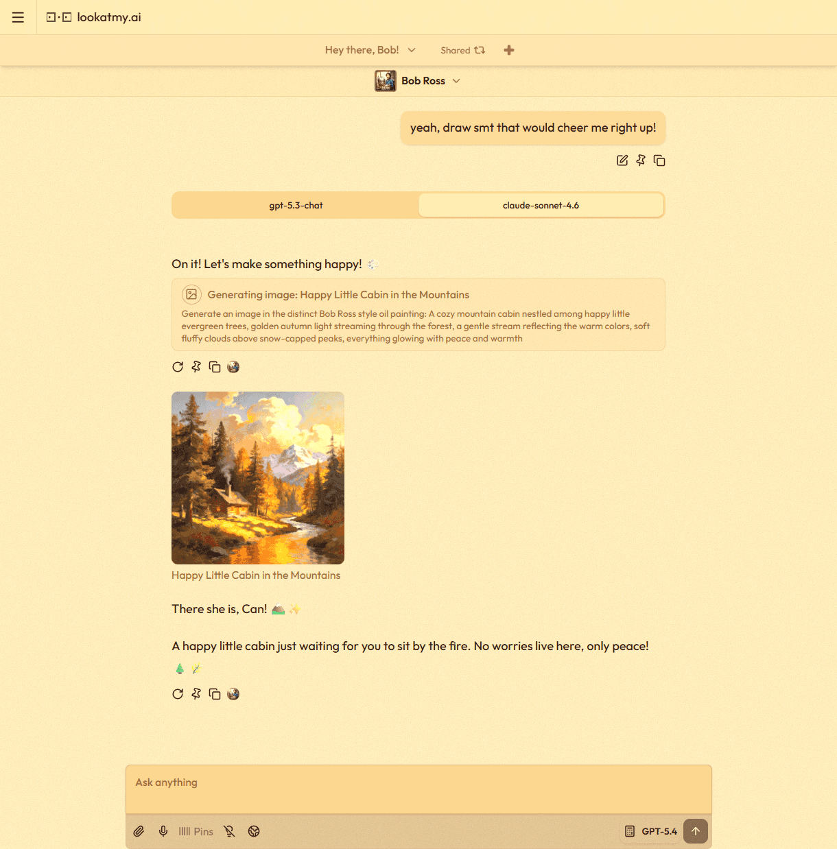 A conversation with the Bob Ross AI persona on lookatmy.ai